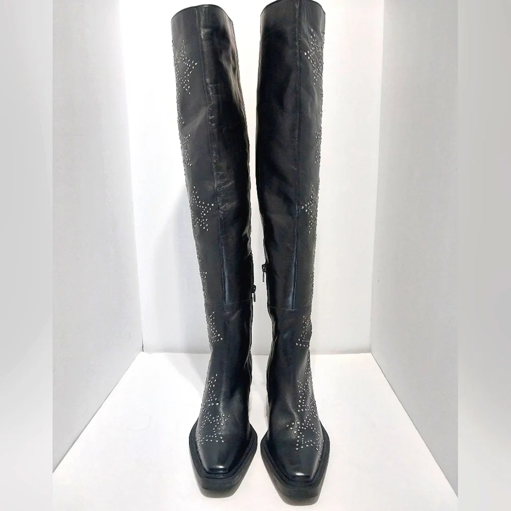 Nasty‎ Gal Real Leather Star Studded Over The Knee Western Boots, NEW, Size 36
